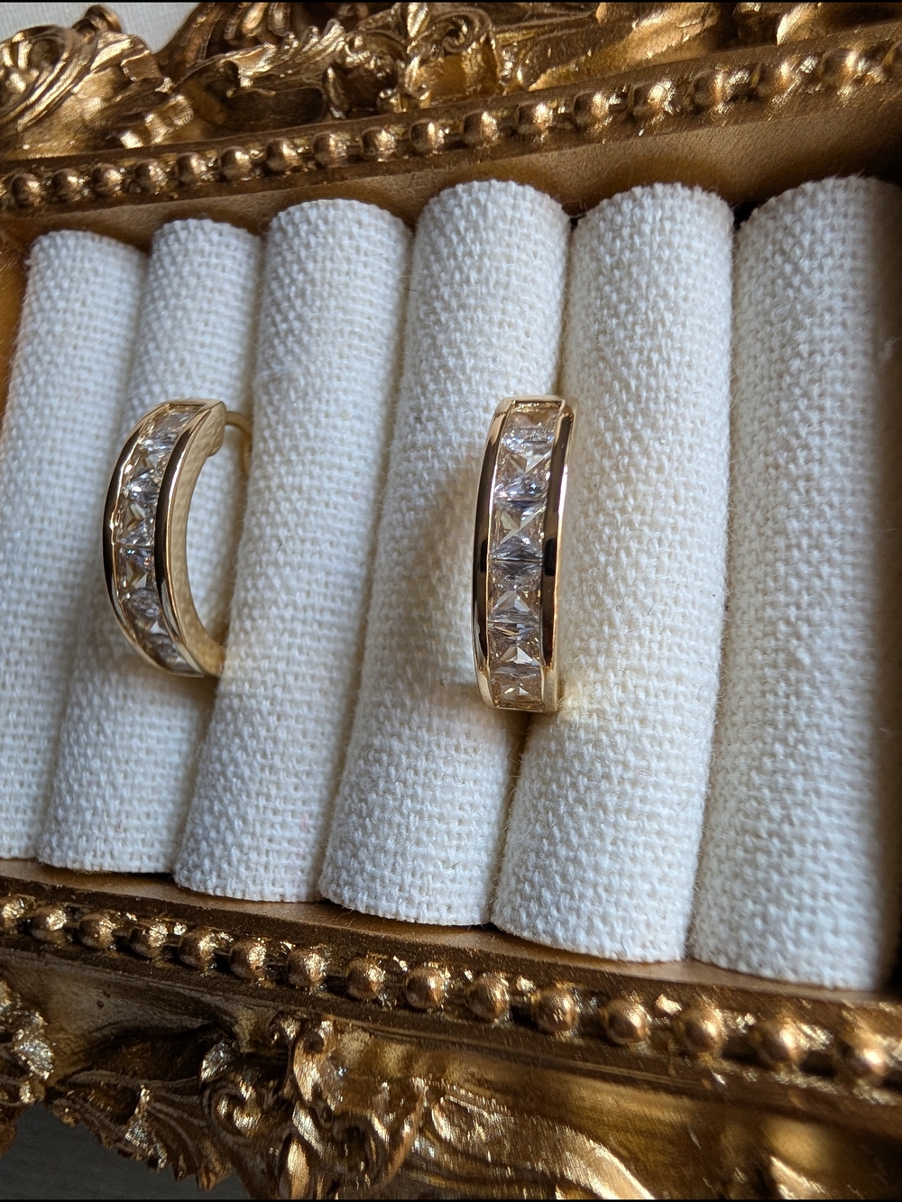 Gold Hoop Earrings - Gold Tone Huggie Hoop Earrings with Inlaid Cubic Zirconia - Picture 8 of 16